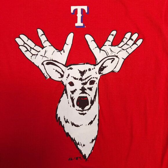 Texas Rangers Majestic Baseball Graphic T Shirt Womens Size Large L Red - Picture 10 of 10